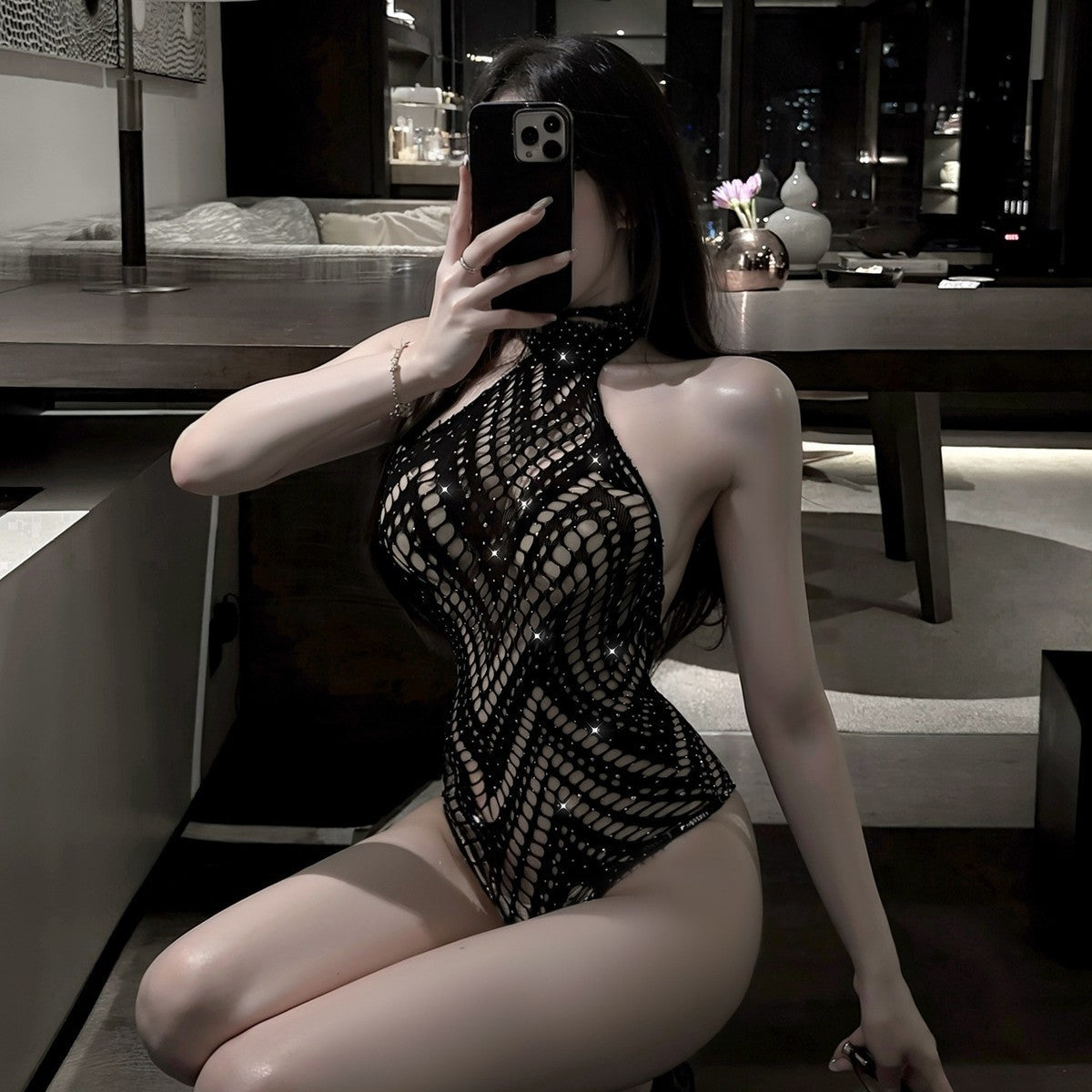 LS Sexy Lingerie See-Through Fishnet Stockings Sexy One-Piece Mesh Romper Internet Celebrity No-Take-Off Sexy Uniform Nightclub