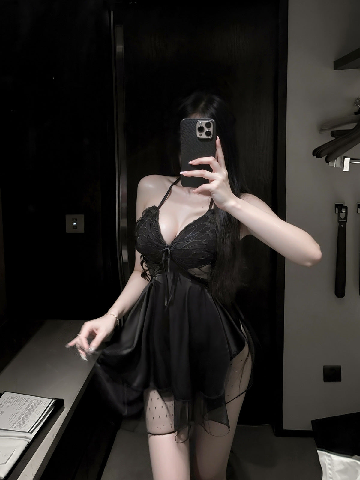 LS Sexy Lingerie Sexy Backless Home Clothes French Bow Push-Up Breast Pad Temptation Home Nightgown