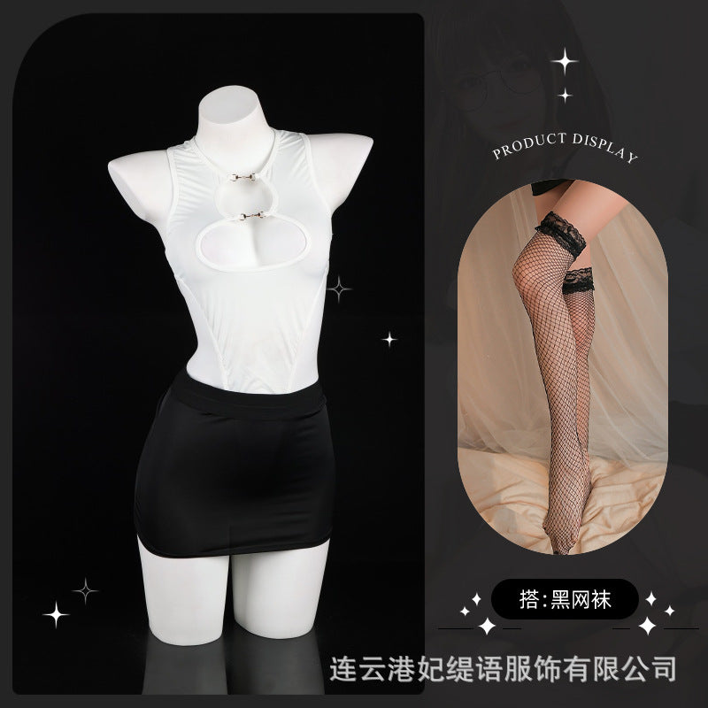 LS Sexy Underwear Sexy Leaky Chest Tight jumpsuit Temptation Hip Skirt No-off Hot Secretary 8249