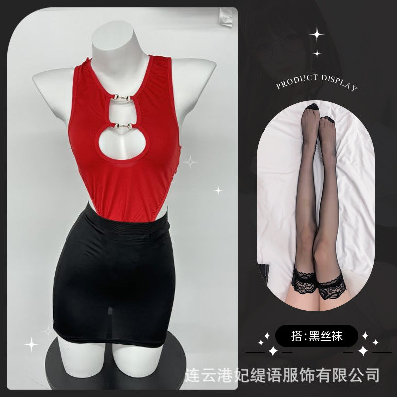 LS Sexy Underwear Sexy Leaky Chest Tight jumpsuit Temptation Hip Skirt No-off Hot Secretary 8249
