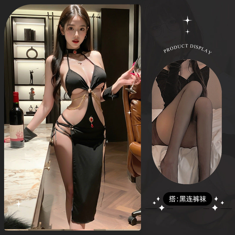 LS Sexy Lingerie Queen Style Hollow Cheongsam Exotic Dancer Sexy Backless Dress Nightgown 9452