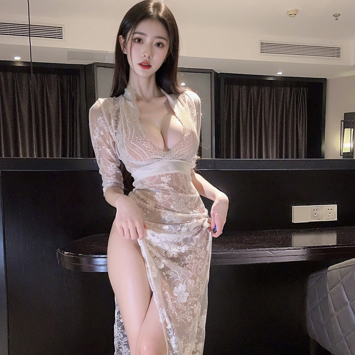LS Sexy Lingerie Sexy Pure Desire Low-Cut Buttocks High Slit Temperament Slim Hot Girl Dress 8161