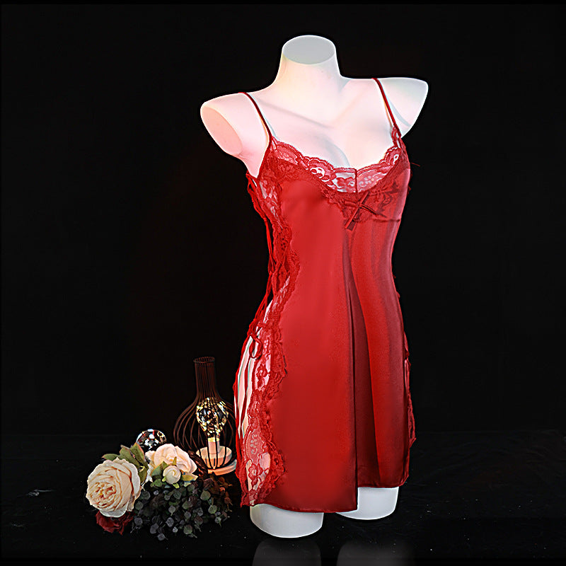 LS Sexy Lingerie Pajamas Sexy Uniform Passionate Temptation Free Lace Suspender Nightgown Home Clothes