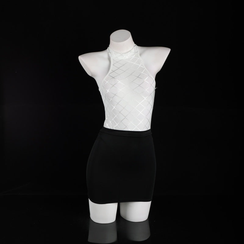 LS Sexy Lingerie Sexy Pure Desire See-Through Mesh Jumpsuit Hip-Covering Short Skirt Secretary Suit 8073