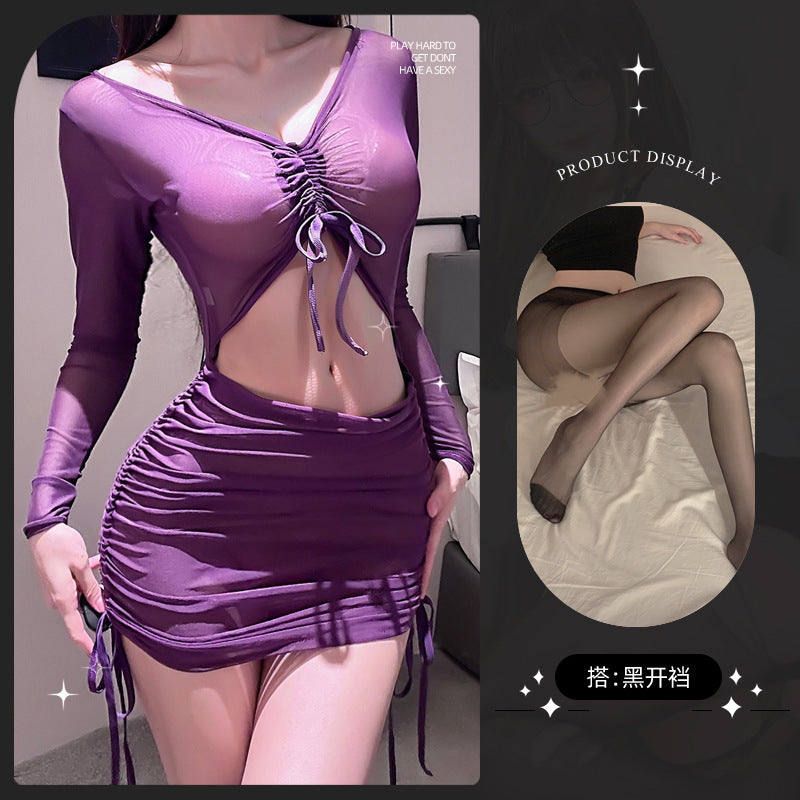 LS Sexy Lingerie Uniform Sexy Purple Mesh See-Through Qqny Pajamas Pure Desire Hip Skirt Women 8294