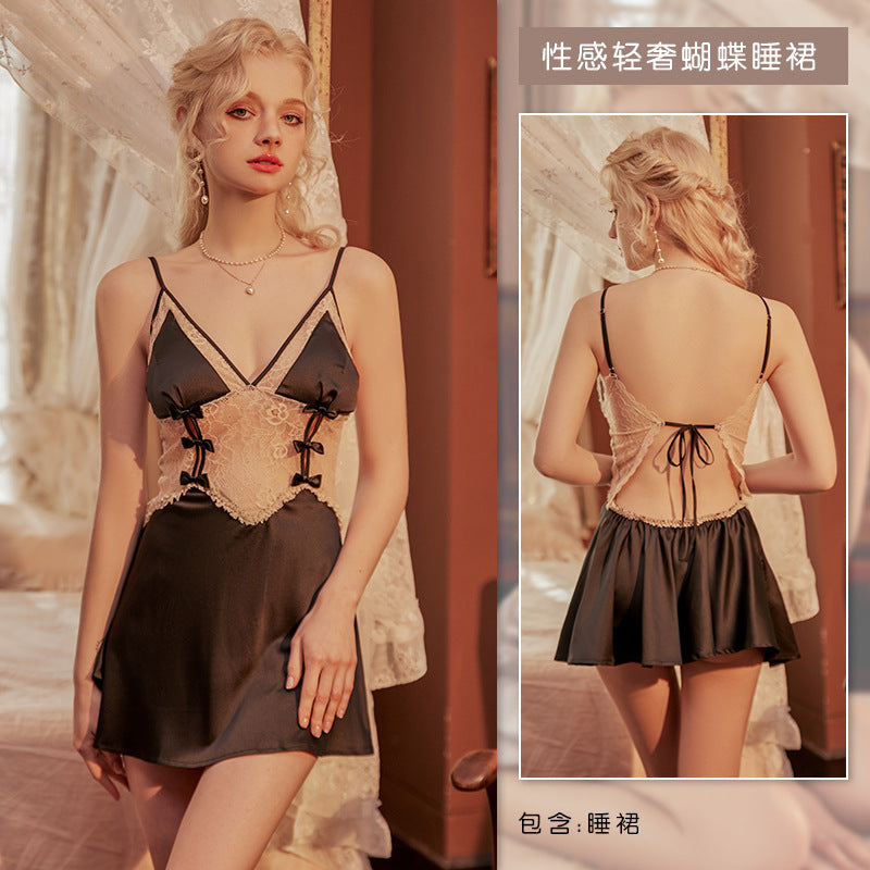3054 Ying Sexy Pure Desire Lace Backless Strap Skirt Hollow Temptation with Breasts Cotton Bow Mesh Home Clothes