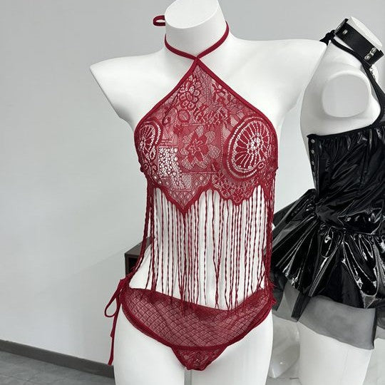 LS Sexy Lingerie Feminine Pure Desire Bellyband Tassel Open Crotch Temptation No-Take-Off Pajamas Three-Point See-Through Wear