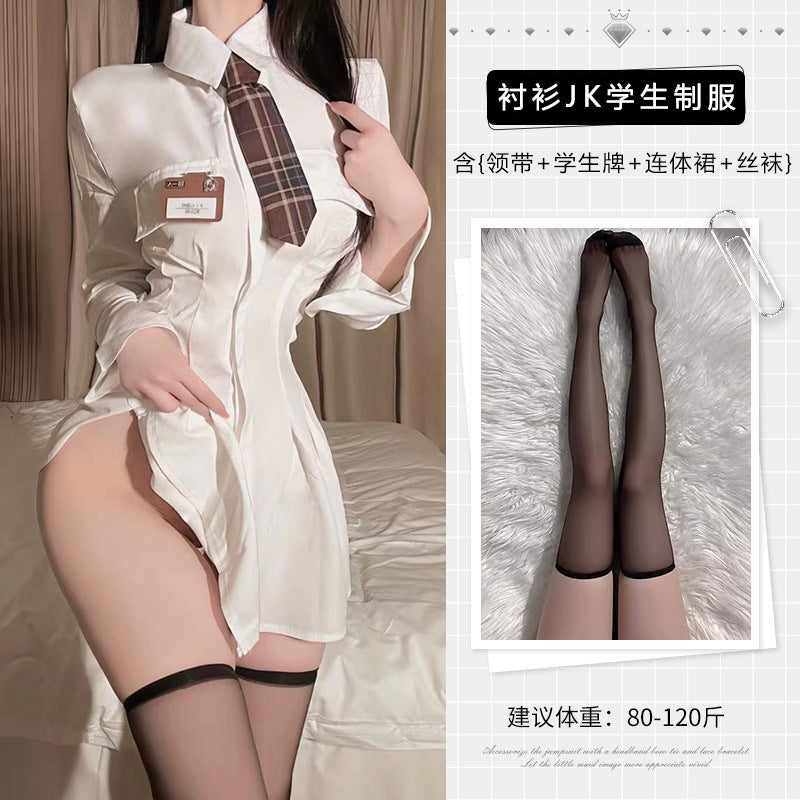 Sexy Lingerie Pure Long Sleeve Shirt dress Sexy Tight Waist Slimming Hip Covering Academic Uniform Temptation suit