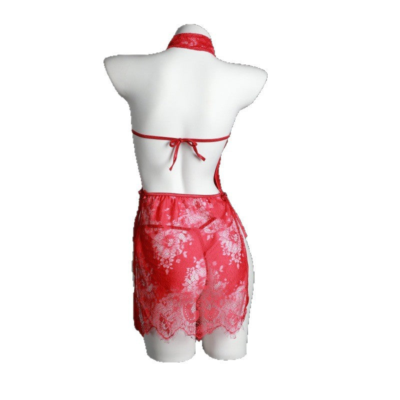 LS Sexy Lingerie Lace Cheongsam Hollow See-Through Temptation Slit Uniform Temptation Pajamas Set
