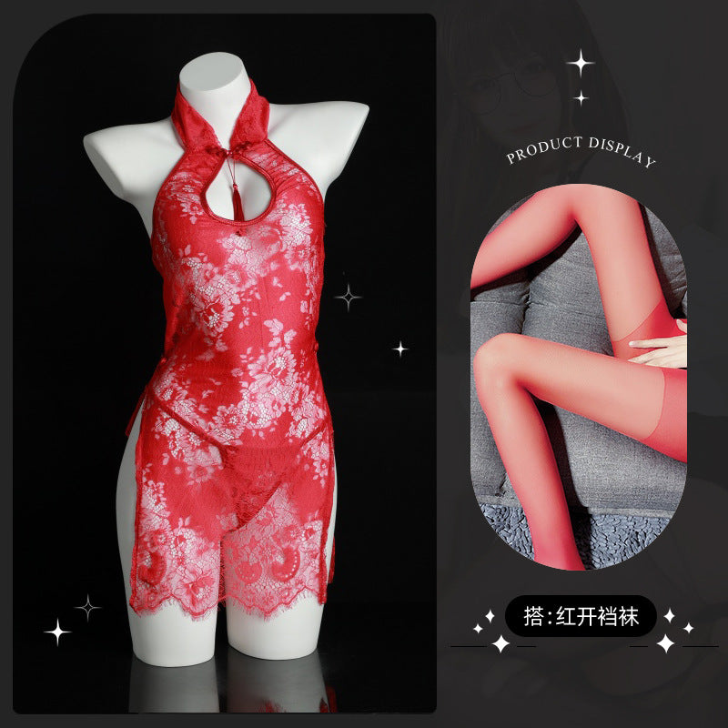 LS Sexy Lingerie Lace Cheongsam Hollow See-Through Temptation Slit Uniform Temptation Pajamas Set