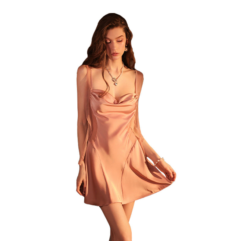 Ying Sexy Satin Sling Nightdress Skirt Collar Hollow Pure Backless Pajamas Ribbon Deep V Home Dress Nightdress for Women