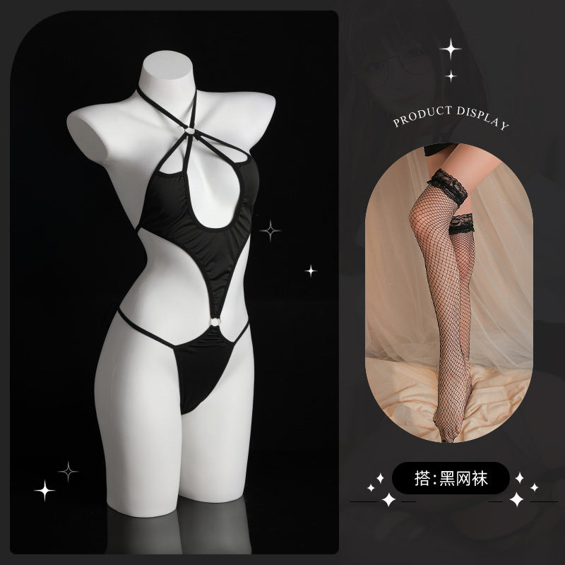LS Sexy Underwear Lace Sexy Open Crotch No-Take Off See-Through Breast Exposing Three-Point Corset Jumpsuit 8903