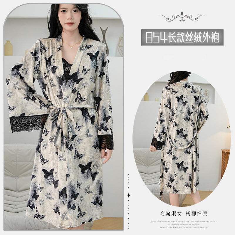 Ying Chun Wants to Add Chest Pad Pajamas Butterfly Printed Long Velvet Sling Nightgown plus size suit Home Clothes