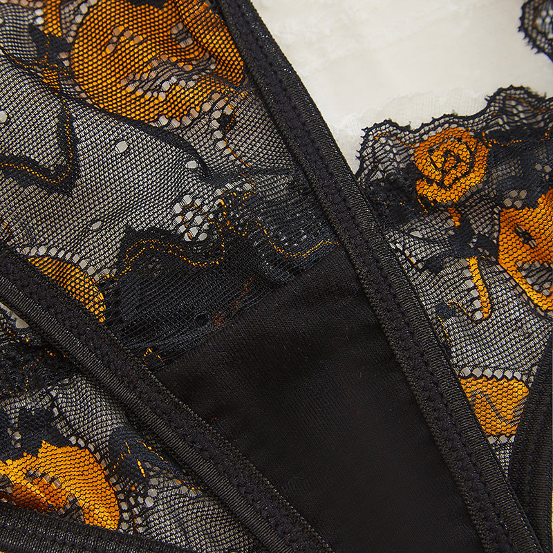Women's Underwear Sexy Halloween Pumpkin Embroidered Hollow Lace Small Bra Gather Breathable suit Bra