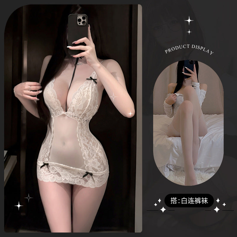LS Sexy Lingerie Temptation Lace Sheer Hip-Hugging Nightdress Sexy Pure Desire Mesh Strap Nightdress