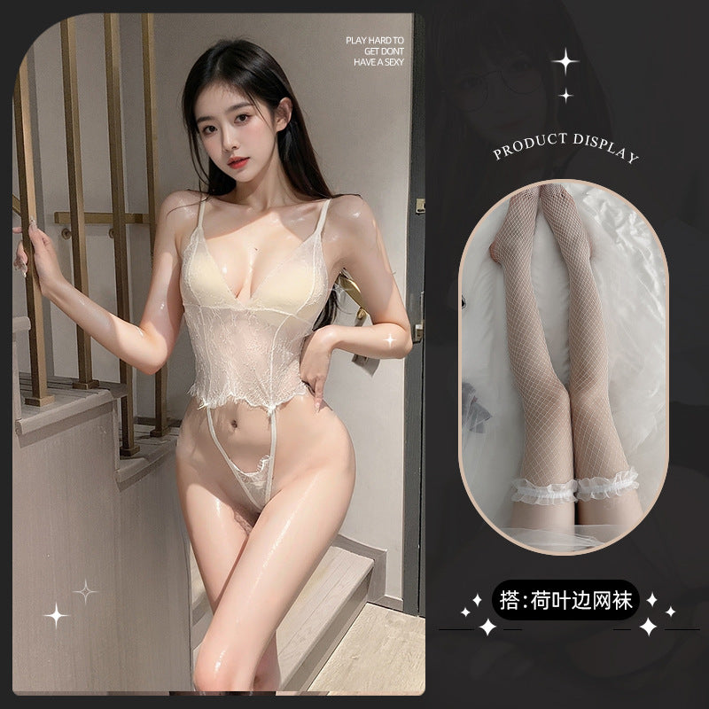 LS Sexy Lingerie Sexy Uniform Temptation Pajamas Pure Desire Small Breasts Show Big Lace Jumpsuit 8149