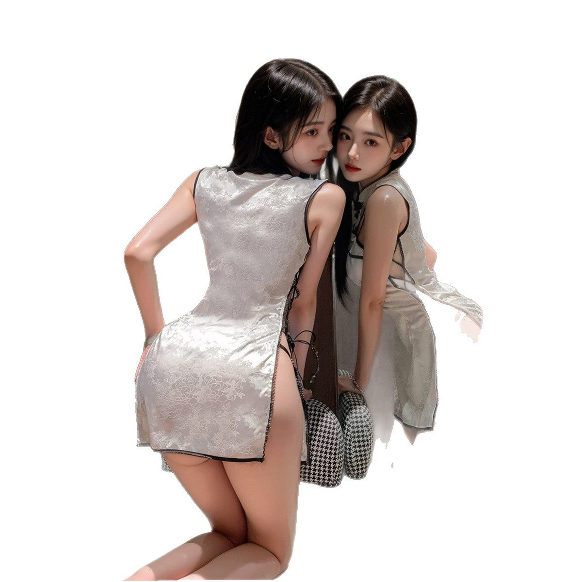 LS Sexy Vintage Jacquard Strap Cheongsam Uniform Temptation Perspective Sexy Lingerie Sexy Cheongsam 8134