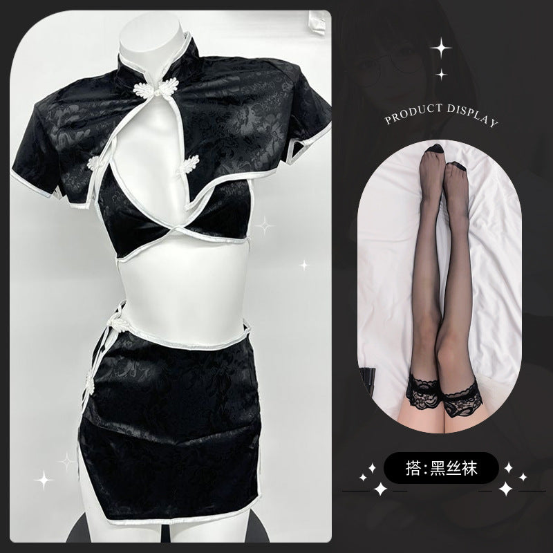 LS Sexy Lingerie Retro Jacquard Button Slit Cheongsam Style High-Slit Sexy Vintage Uniform 8202