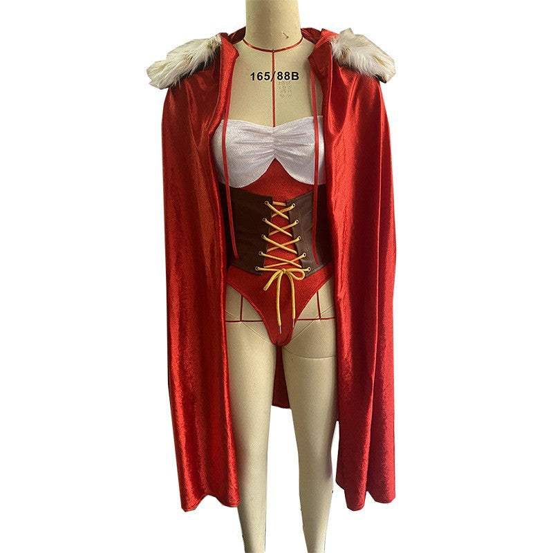 Foreign Trade Europe and the United States Christmas Red Tight-Fit Sex Color-Contrasting cos Role-Playing Cloak Halloween One-Piece Suit