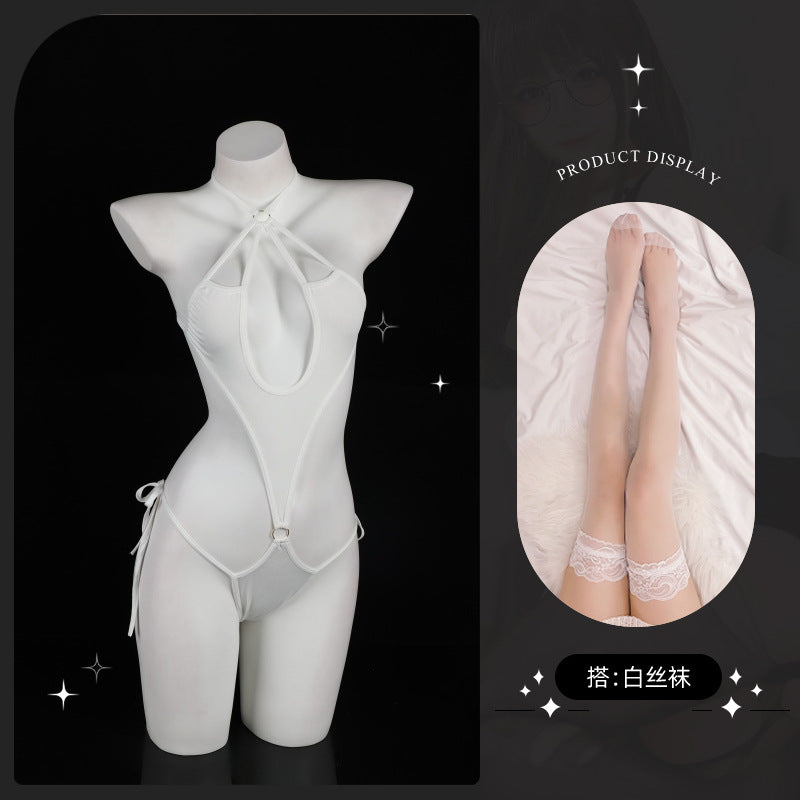 LS Sexy Underwear Lace Sexy Open Crotch No-Take Off See-Through Breast Exposing Three-Point Corset Jumpsuit 8903