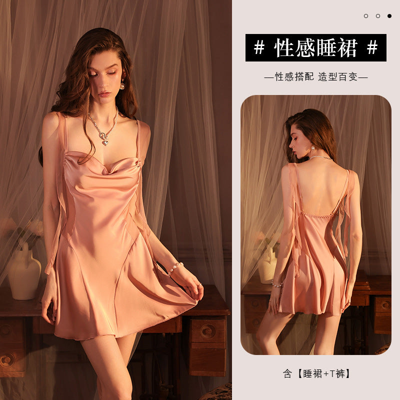Ying Sexy Satin Sling Nightdress Skirt Collar Hollow Pure Backless Pajamas Ribbon Deep V Home Dress Nightdress for Women