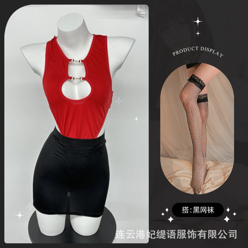 LS Sexy Underwear Sexy Leaky Chest Tight jumpsuit Temptation Hip Skirt No-off Hot Secretary 8249