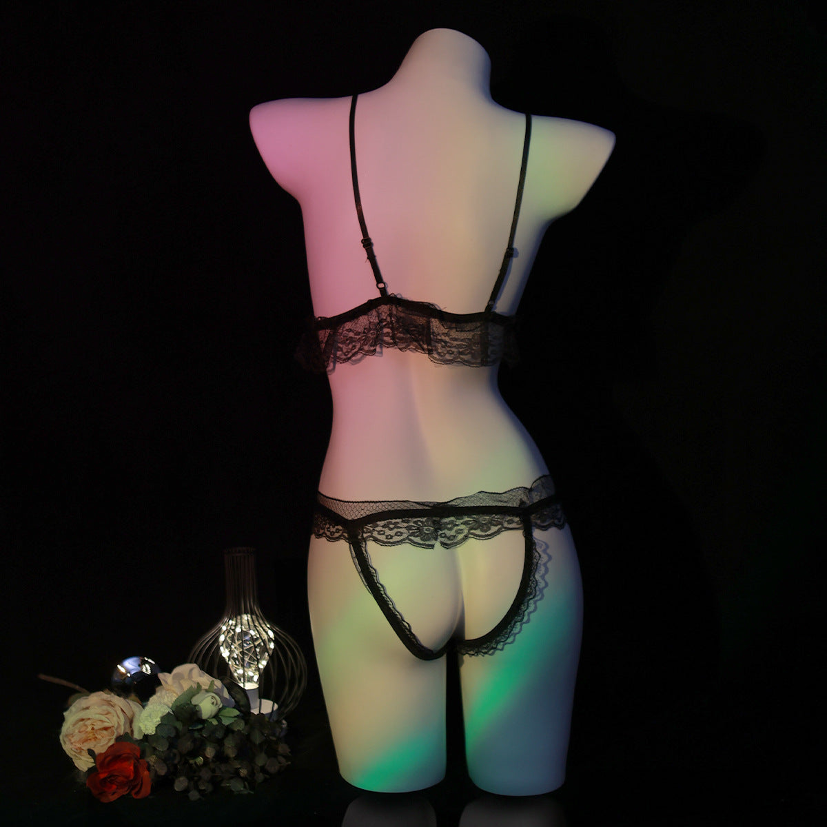 LS Sexy Sexy Underwear Three-Point Lace Panties Sexy Small Breast Charming Pearl Open Bikini