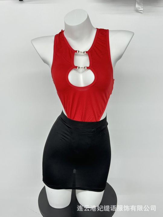 LS Sexy Underwear Sexy Leaky Chest Tight jumpsuit Temptation Hip Skirt No-off Hot Secretary 8249