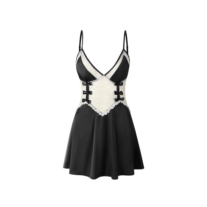 3054 Ying Sexy Pure Desire Lace Backless Strap Skirt Hollow Temptation with Breasts Cotton Bow Mesh Home Clothes
