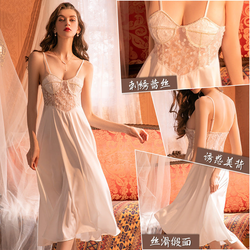 3034 Ying Autumn and Winter Sexy Push-up with Chest Pad Small Chest Pure Lace Sling Nightgown Women's Court Style Home