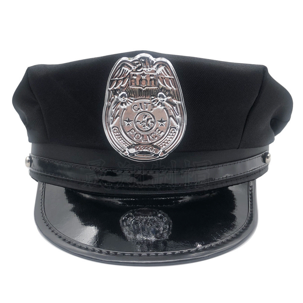 Black policewoman hat seductive octagonal hat flat top all-match Halloween role-playing props