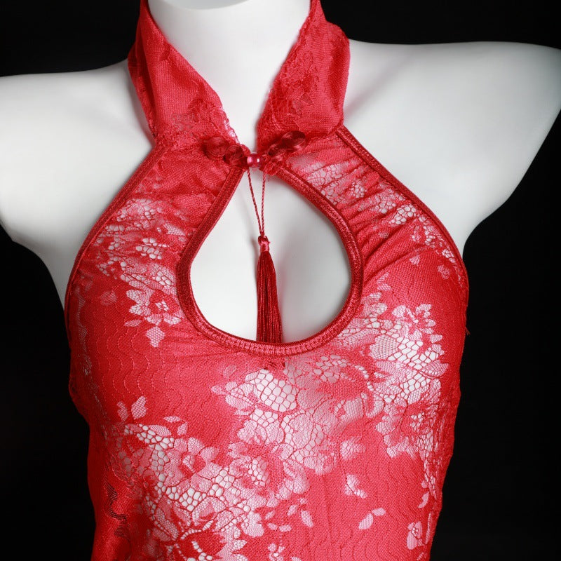 LS Sexy Lingerie Lace Cheongsam Hollow See-Through Temptation Slit Uniform Temptation Pajamas Set