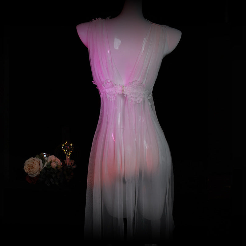 LS Sexy Underwear Sexy Uniform Pajamas Pure Desire Small Chest Large Transparent Tulle Lace Nightgown 8336