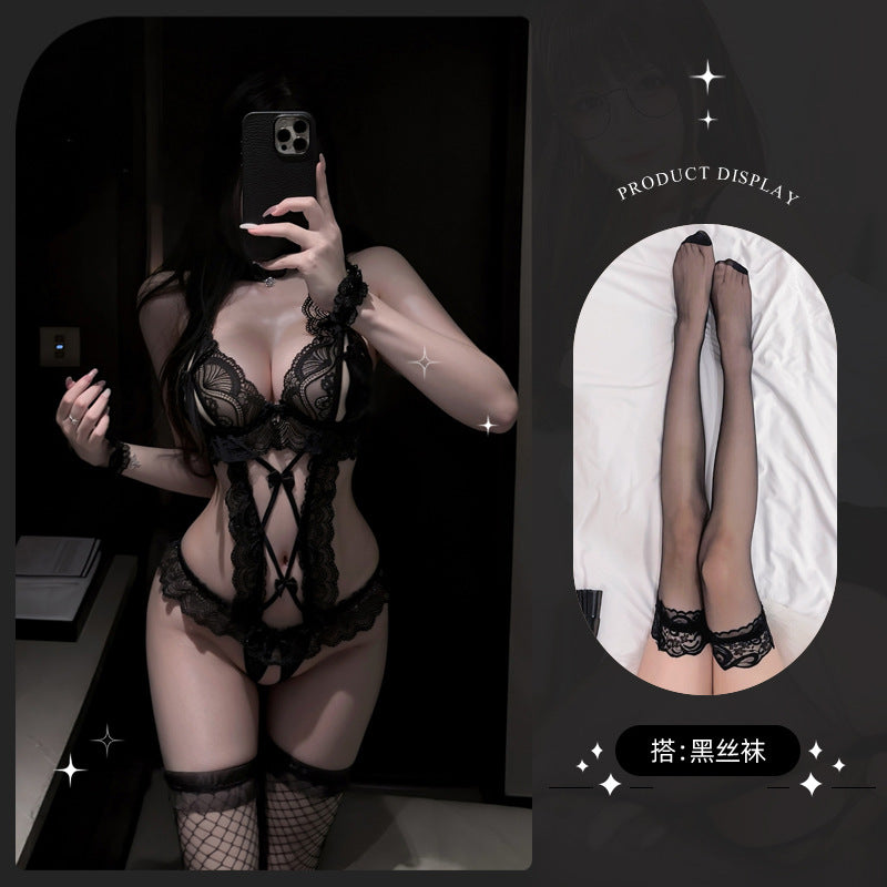 LS Sexy Lingerie Sexy Jumpsuit Pure Desire Lace Temptation Open Crotch Uniform Maid Outfit Flirting Pajamas