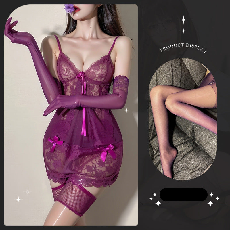 LS Sexy Lingerie Pure Desire Sexy Lace Teasing Transparent Pajamas Temptation Lace Uniform No-Take-Off Nightgown
