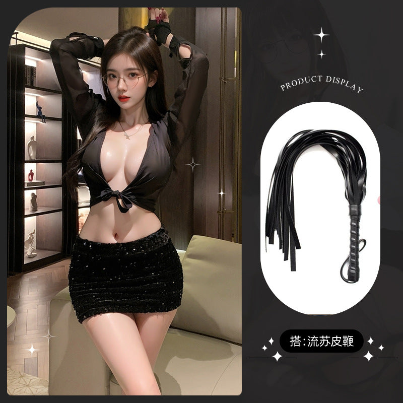 LS Sexy Lingerie Deep V Breast Exposing Sexy Secretary Outfit Couple Bed Flirting Suit Hip Skirt 9439