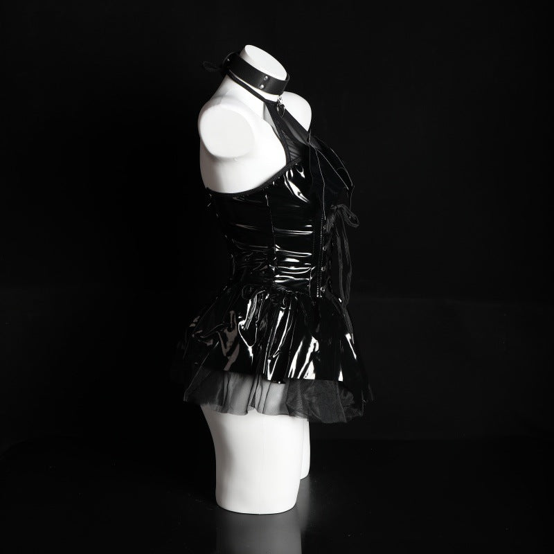 LS Sexy Lingerie Sexy Little Devil Female Black Free-Take-Off Patent Leather Uniform Temptation Dress 8082