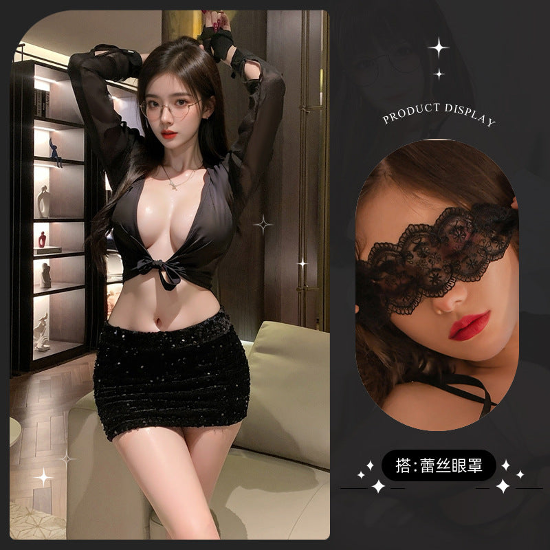 LS Sexy Lingerie Deep V Breast Exposing Sexy Secretary Outfit Couple Bed Flirting Suit Hip Skirt 9439