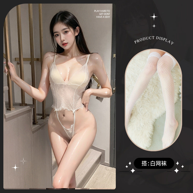 LS Sexy Lingerie Sexy Uniform Temptation Pajamas Pure Desire Small Breasts Show Big Lace Jumpsuit 8149