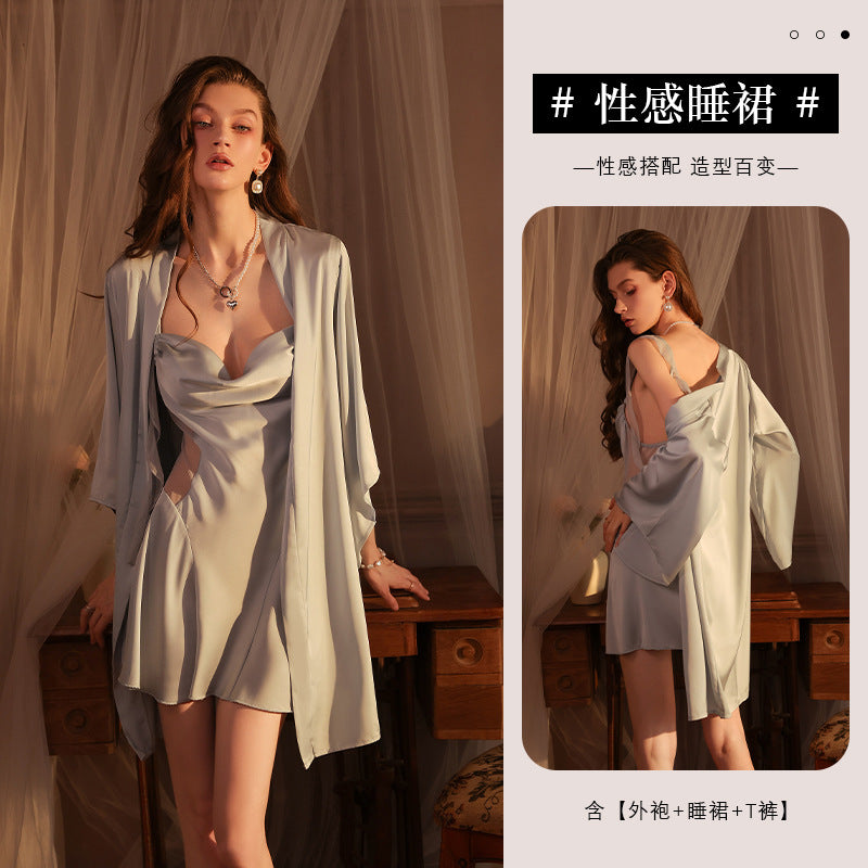 Ying Sexy Satin Sling Nightdress Skirt Collar Hollow Pure Backless Pajamas Ribbon Deep V Home Dress Nightdress for Women