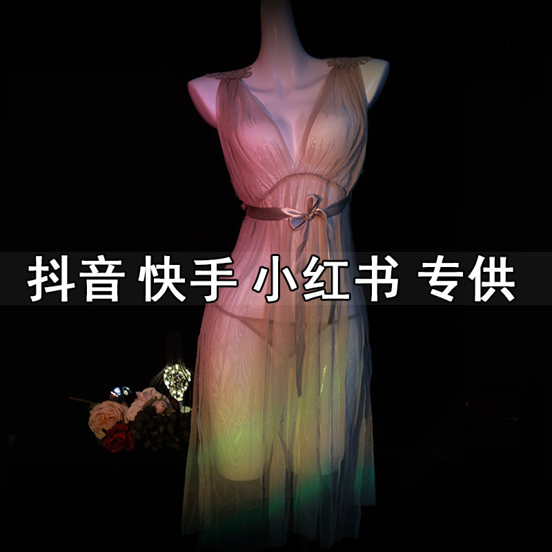 LS Sexy Underwear Sexy Uniform Pajamas Pure Desire Small Chest Large Transparent Tulle Lace Nightgown 8336