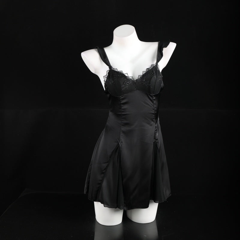 LS Sexy Pajamas Satin Nightdress Home Wear Sexy Strap Nightdress Lace Patchwork Pajamas for Women 8910