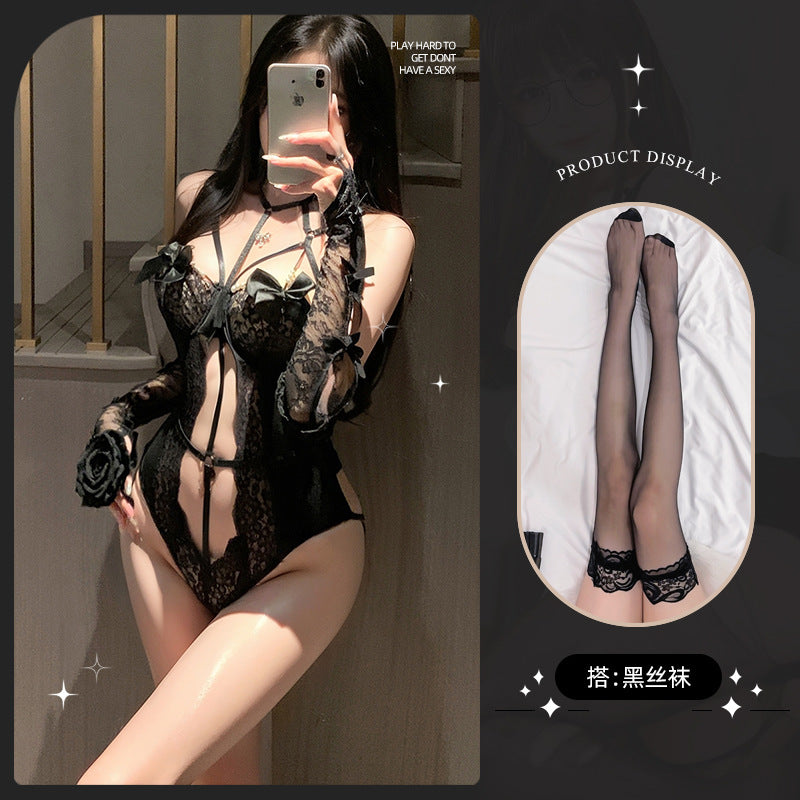 LS Sexy Lingerie for Women Pure Desire Sexy Royal Sister Temptation Lace Hollow Perspective No-Take-Off Push-Up Jumpsuit