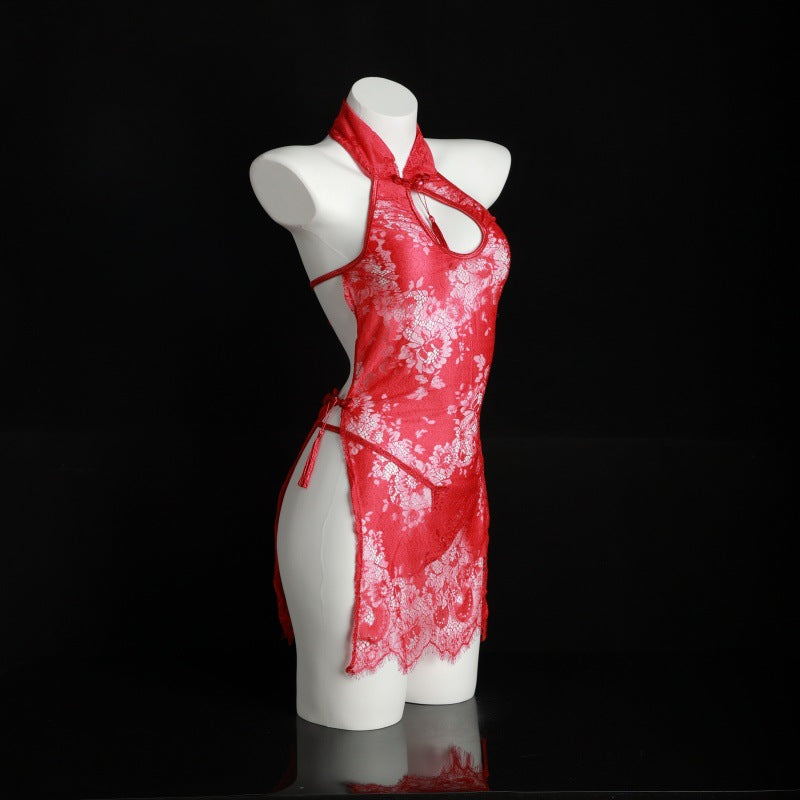 LS Sexy Lingerie Lace Cheongsam Hollow See-Through Temptation Slit Uniform Temptation Pajamas Set