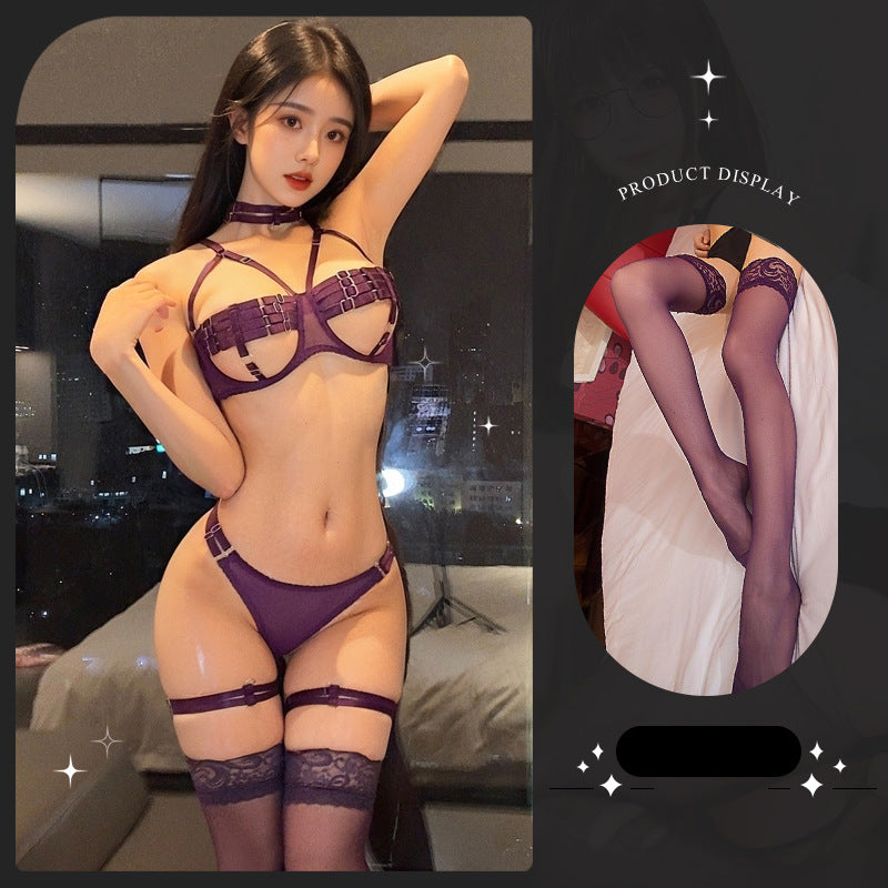 LS Sexy Lingerie Sexy Underwire Bra Four-piece Leg Ring Strap Hollow Halter Gathered Uniform Women
