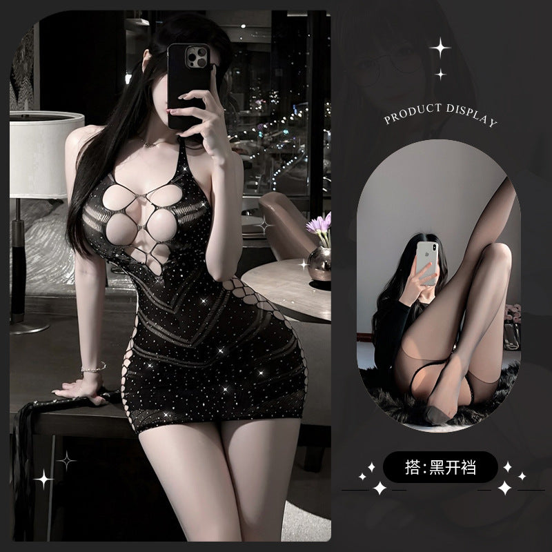LS Sexy Mesh Halter Neck Lingerie Tempting Backless Bodysuit with Hotfix Rhinestones No-Remove Internet Celebrity Costume