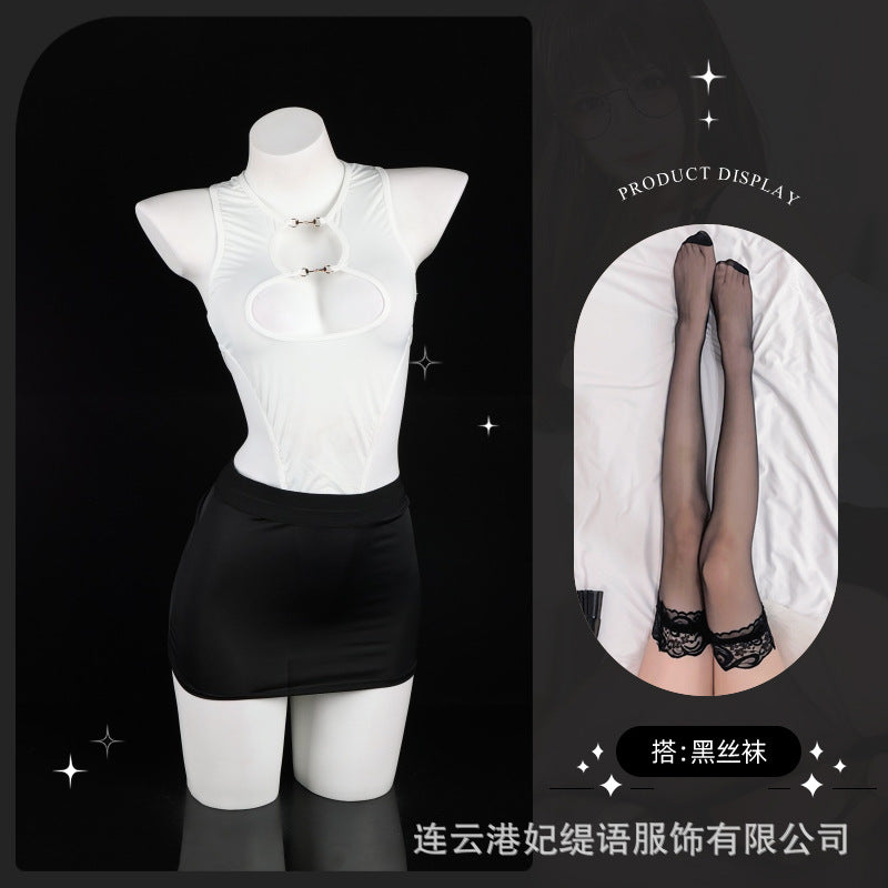 LS Sexy Underwear Sexy Leaky Chest Tight jumpsuit Temptation Hip Skirt No-off Hot Secretary 8249