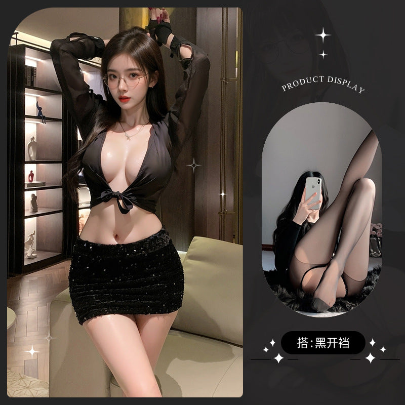 LS Sexy Lingerie Deep V Breast Exposing Sexy Secretary Outfit Couple Bed Flirting Suit Hip Skirt 9439