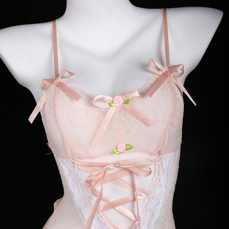LS Sexy Lingerie Strap Sexy Maid Uniform Temptation No-Remove Small Chest Lace One-Piece Open Crotch 8040