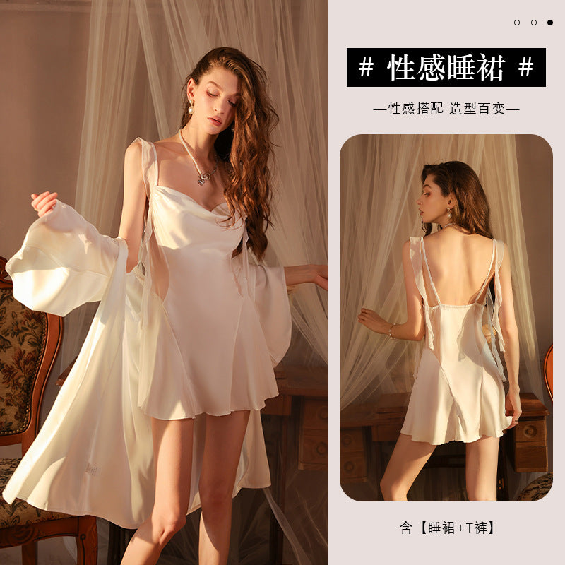 Ying Sexy Satin Sling Nightdress Skirt Collar Hollow Pure Backless Pajamas Ribbon Deep V Home Dress Nightdress for Women